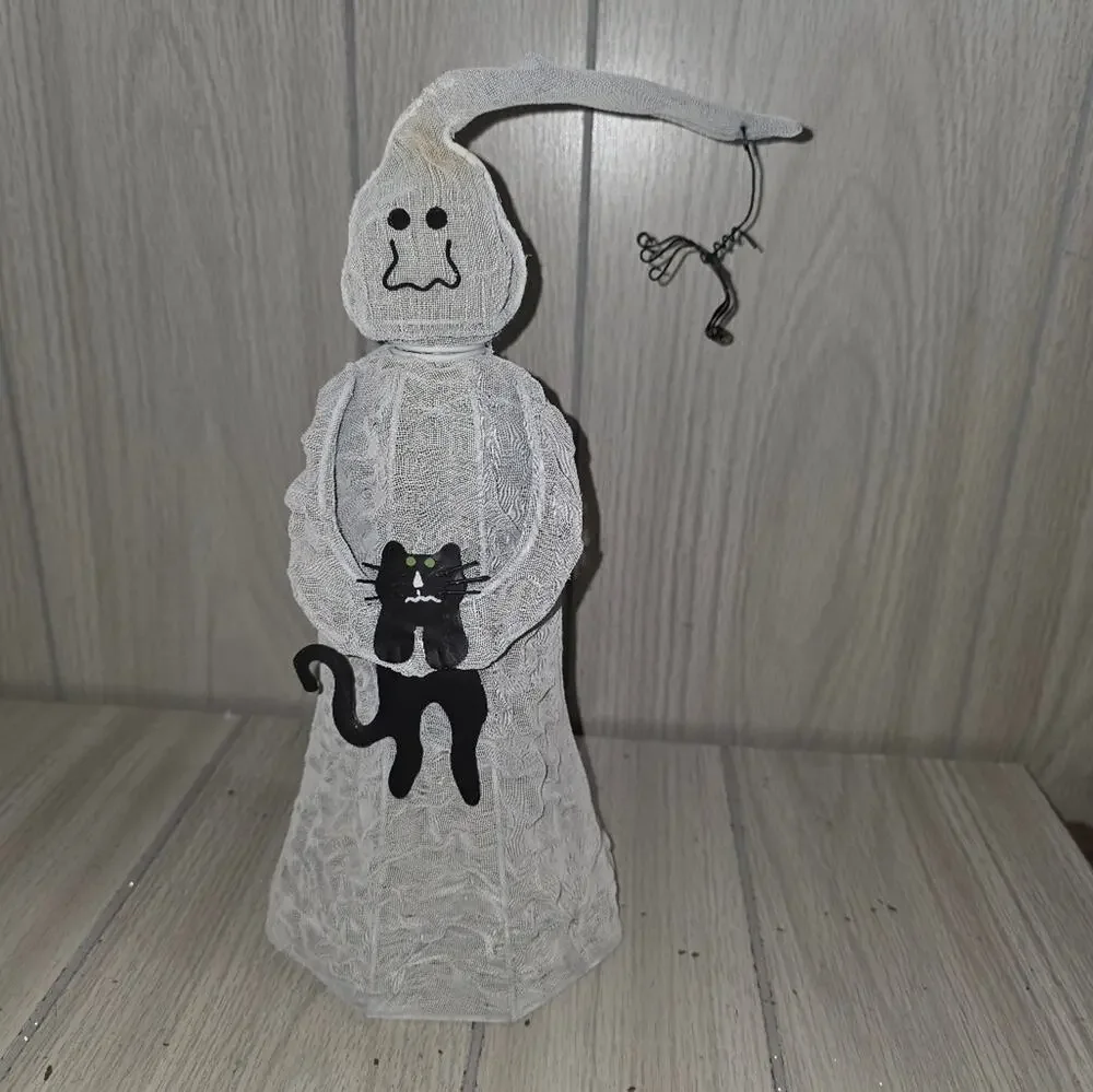 Vtg Ghost Holding Black Cat Light Cover With Hanging Spider Halloween Decor